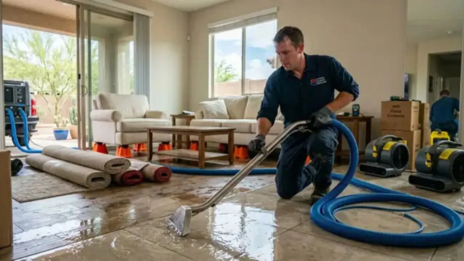 Technician extracting water from a living room floor with a hose while air movers dry the room
